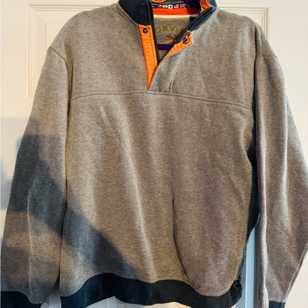 Orvis quarter zip nautical flag collar   Men's Sweater in Gray Cotton Blend Fab